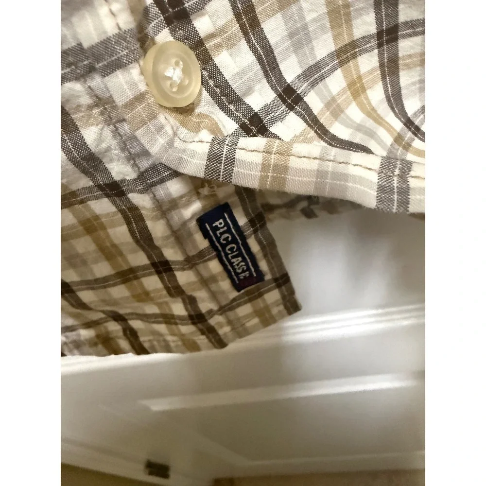 The Children's Place Boys Plaid Button Down Shirt Tan Brown Cotton Size 5/6